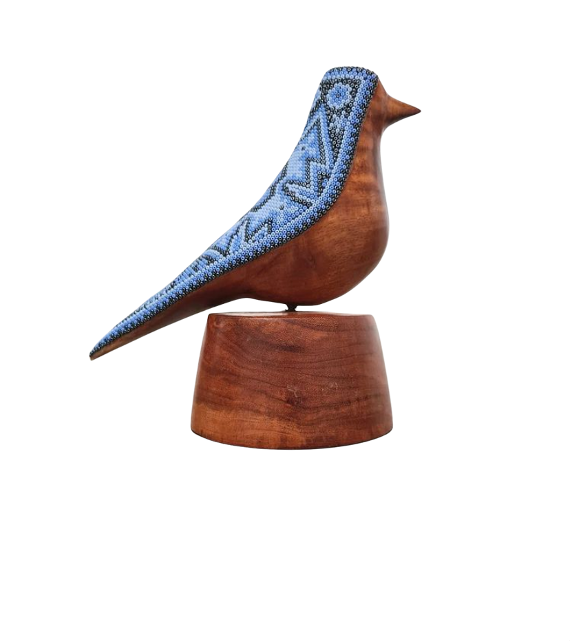 PAJARO CON BASE DE MADERA GRANDE ARTE HUICHOL